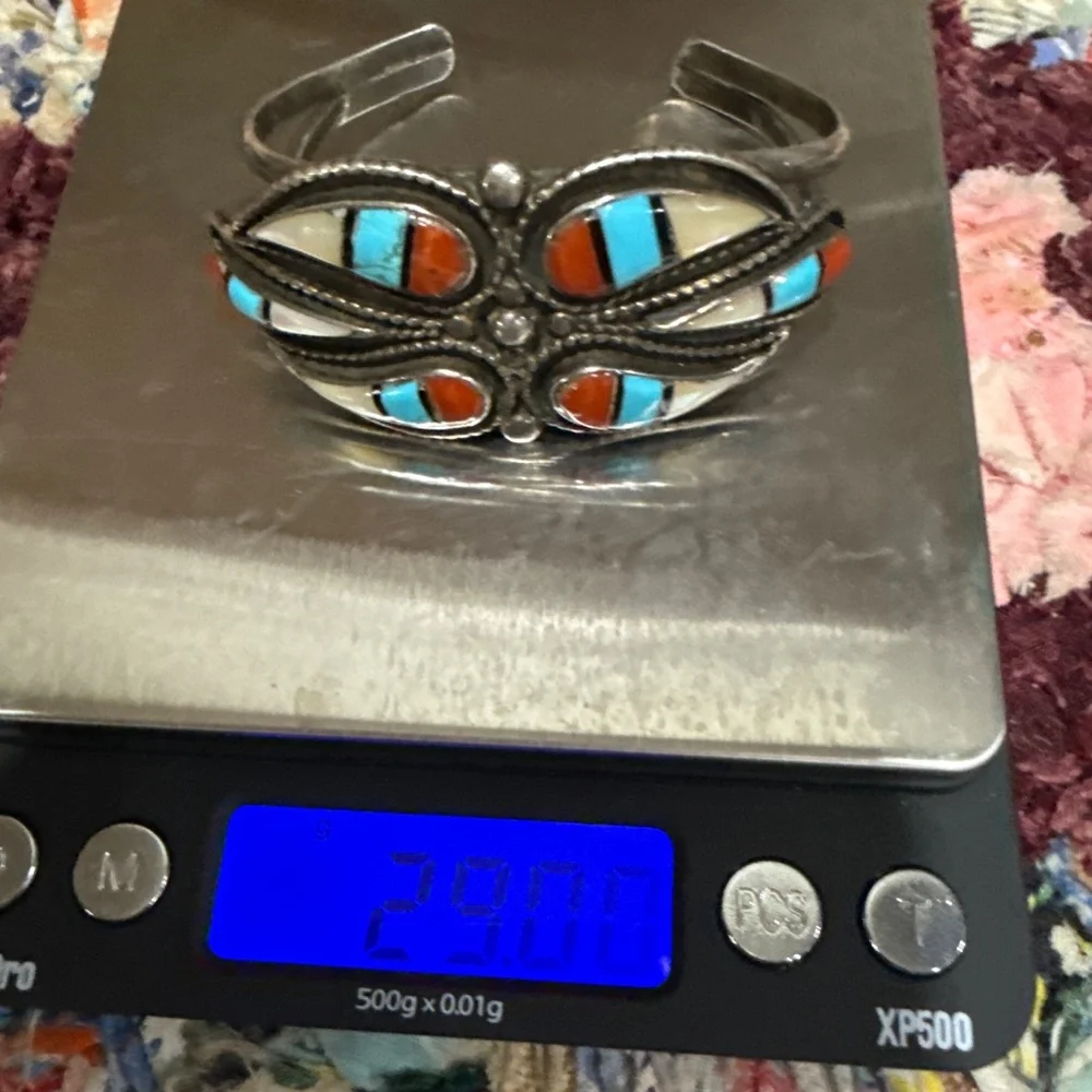 Vintage Zuni Sterling, Turquoise, Coral & MOP - Picture 6 of 10